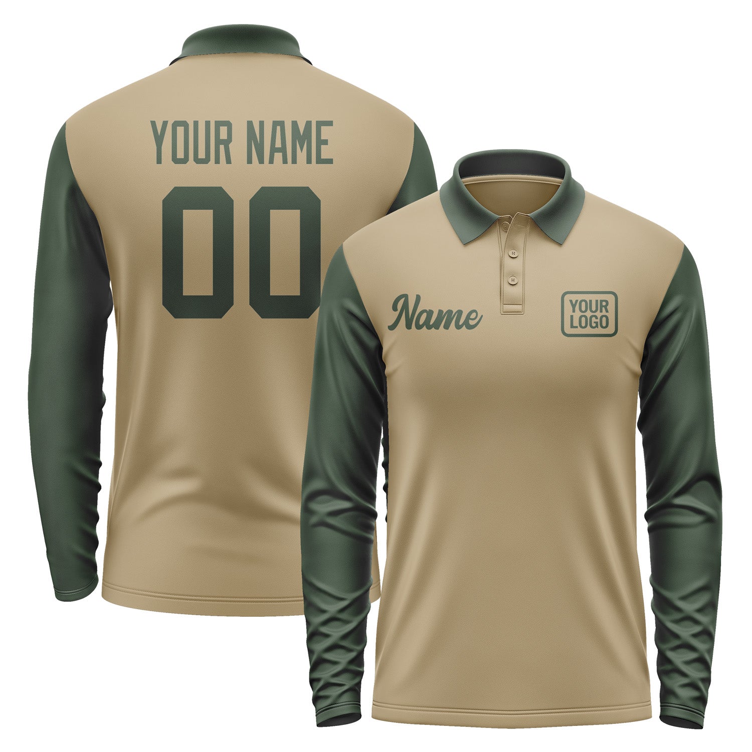 Custom Light Khaki Dark Green Long Sleeve Polo Shirt Pl250606B106