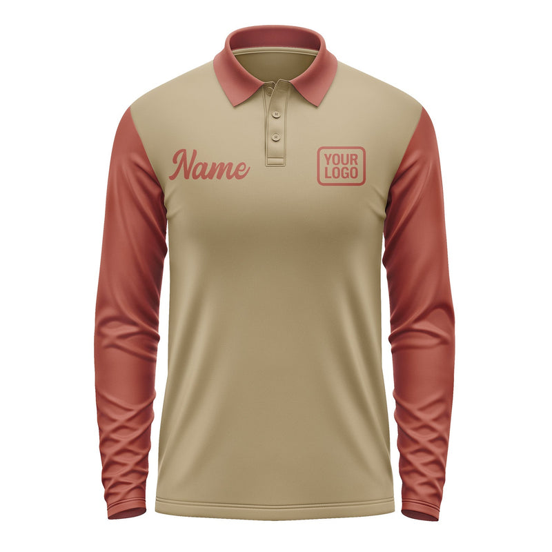Custom Light Khaki Coral Red Long Sleeve Polo Shirt Pl251616B116