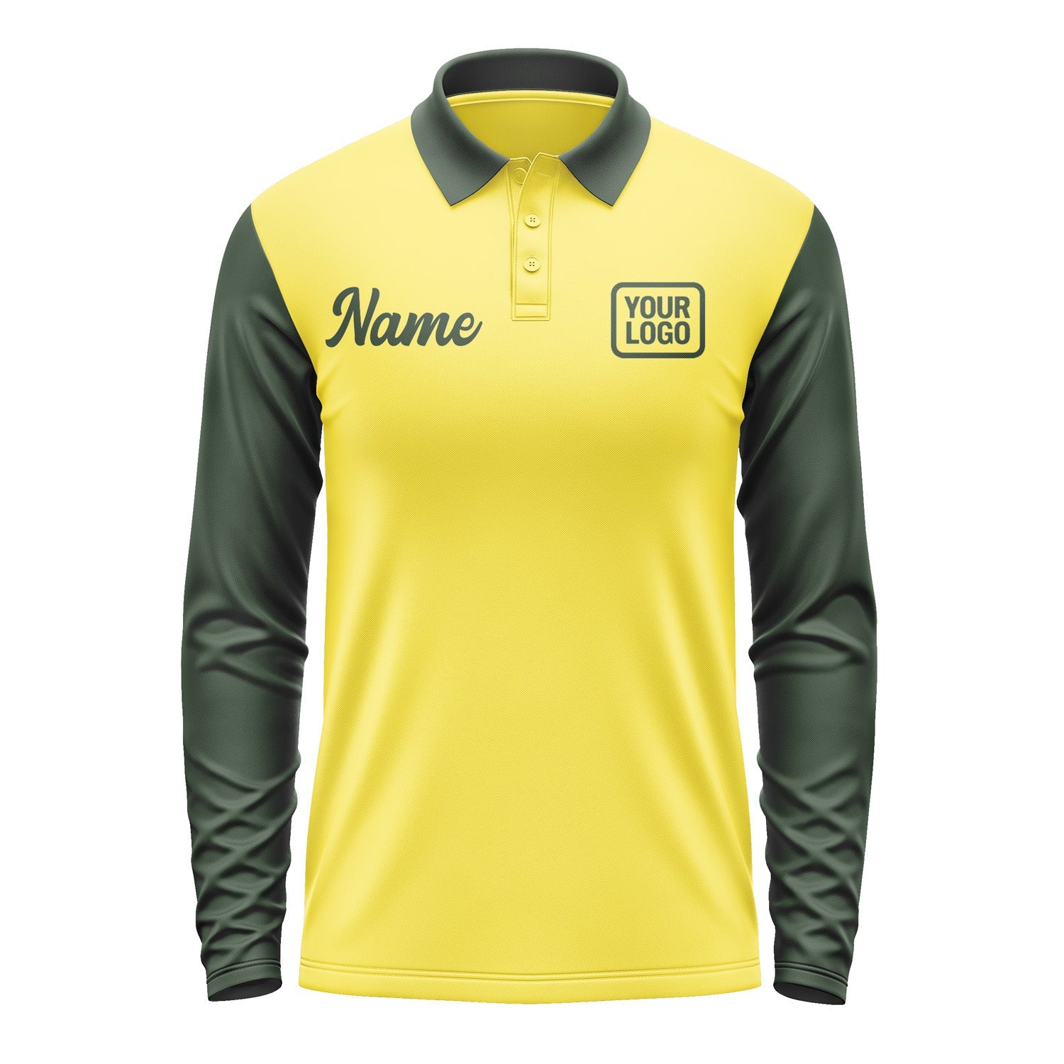 Custom Light Yellow Dark Green Long Sleeve Polo Shirt Pl260606B106