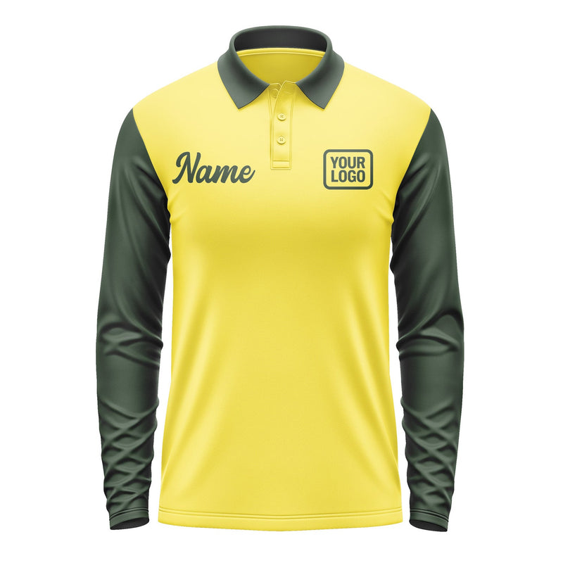 Custom Light Yellow Dark Green Long Sleeve Polo Shirt Pl260606B106