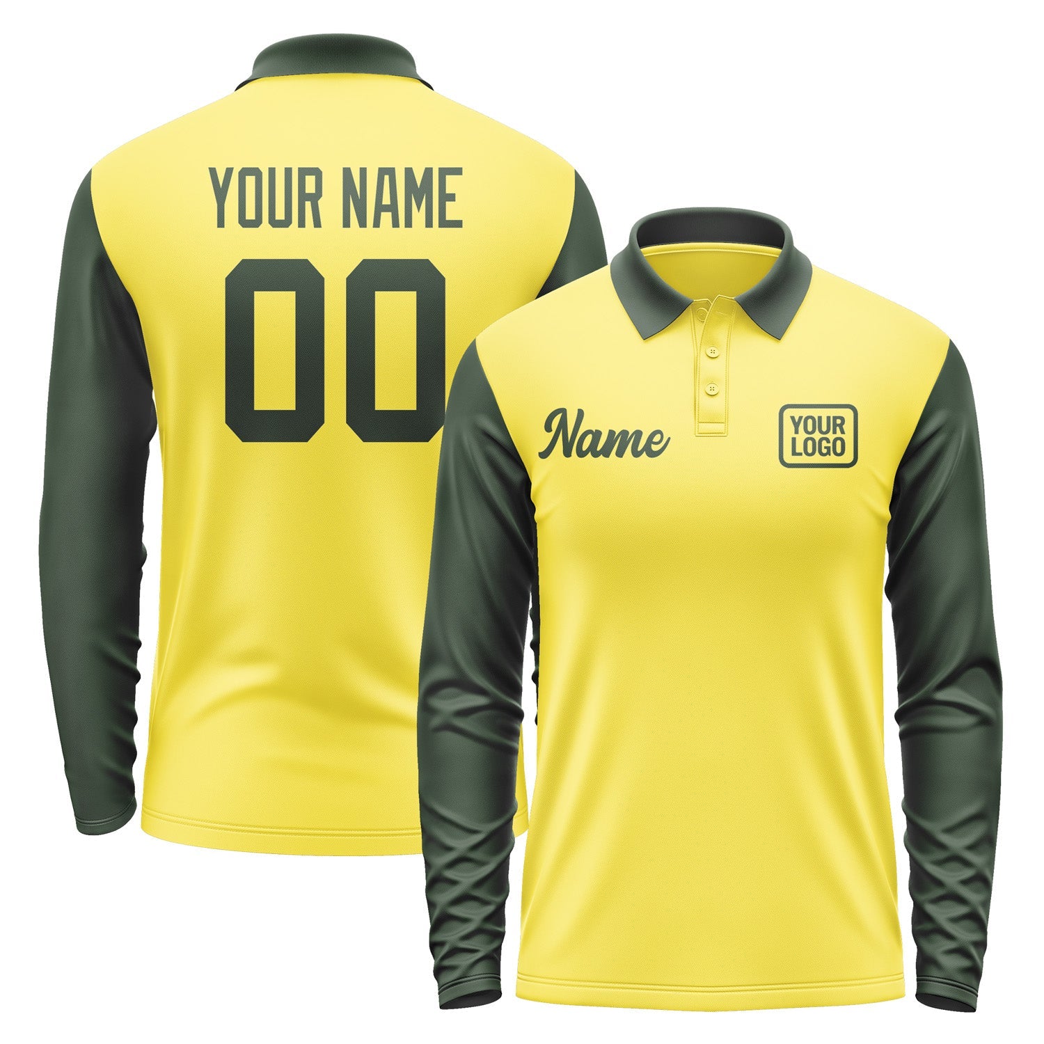 Custom Light Yellow Dark Green Long Sleeve Polo Shirt Pl260606B106