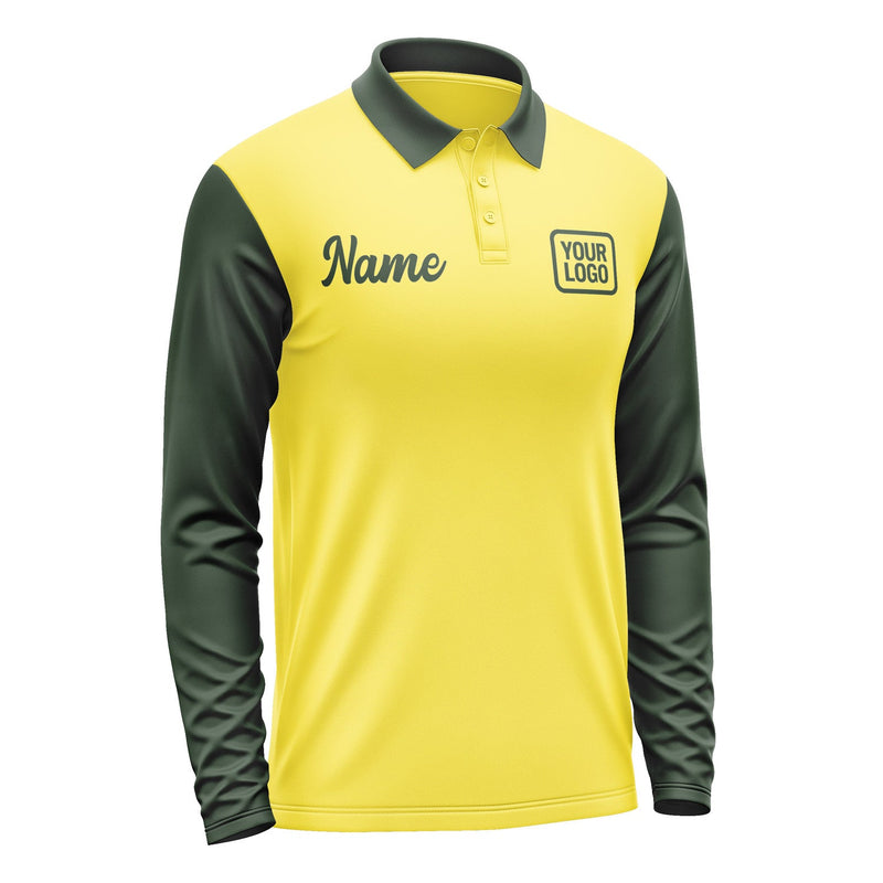 Custom Light Yellow Dark Green Long Sleeve Polo Shirt Pl260606B106