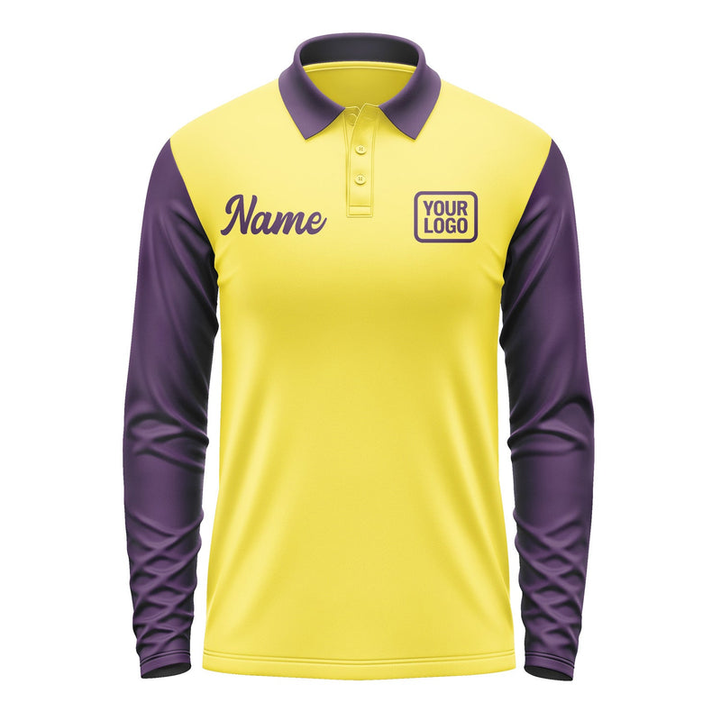 Custom Light Yellow Purple Long Sleeve Polo Shirt Pl260707B107